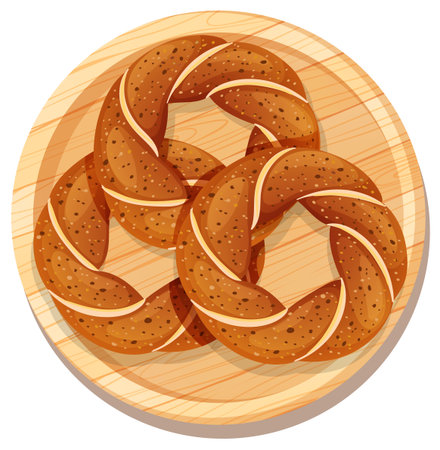 Three braided bagels on round wooden plate, vector illustration, top-down perspective, warm colorsのイラスト素材
