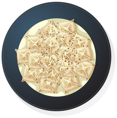 Vector illustration of Turkish manti dumplings with yogurt sauce, overhead view, modern flat styleのイラスト素材