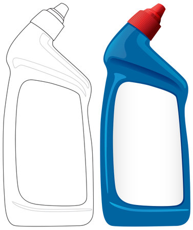 Realistic and outline vector cleaner bottle, blue plastic with red cap, isolated on whiteのイラスト素材