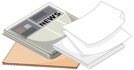 Vector illustration of newspaper, blank sheets, and cardboard with clean, flat color styleのイラスト素材
