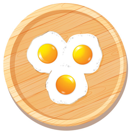 Top-down vector of three sunny side up eggs on a round wooden cutting board.のイラスト素材