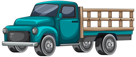 Classic teal pickup truck vector, cartoon style, side view, wooden rails, clean white backgroundのイラスト素材