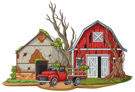 Vector illustration of decaying farm buildings, overgrown trees, and rusty pickup truck on white backgroundのイラスト素材
