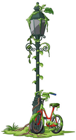 Red bicycle and street lamp covered in green vines, detailed vector illustration, white backgroundのイラスト素材