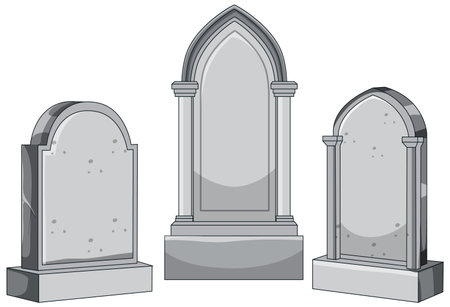 Three gray stone tombstones in clean cartoon vector style with simple shading and outlinesのイラスト素材