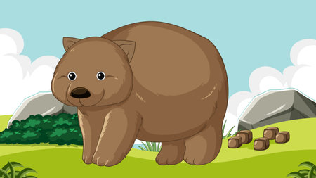 Vector illustration of a wombat outdoors, cartoon style, bright colors, simple background elementsのイラスト素材