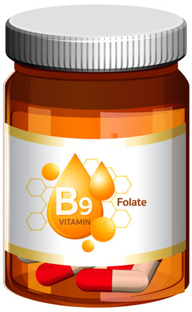 Amber bottle with label, containing red and white capsules, vector illustration, clean designのイラスト素材