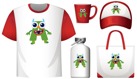 Playful green monster vector design printed on t-shirt, mug, cap, bottle, and tote bagのイラスト素材