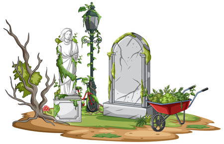 Vector illustration of abandoned cemetery corner with ivy-covered gravestone, statue, lamppost, and wheelbarrowのイラスト素材