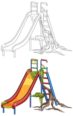 Colorful playground slide overtaken by moss and tree roots, vector illustration, isolated white backgroundのイラスト素材