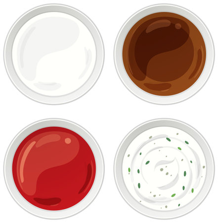 Vector illustration of four assorted Asian sauces in bowls, top-down view, clean flat styleのイラスト素材