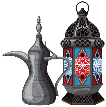 Vector illustration of a Middle Eastern coffee pot and colorful geometric lantern, detailed lineworkのイラスト素材