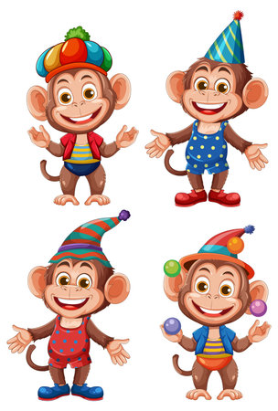 Four cheerful cartoon monkeys wear vibrant circus costumes and playful party hats, standing in various poses on a white background with bright, saturated colorsのイラスト素材