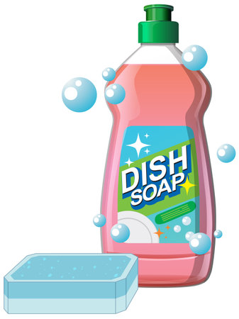 Colorful vector illustration of dish soap bottle, sponge, and bubbles in clean, bright styleのイラスト素材