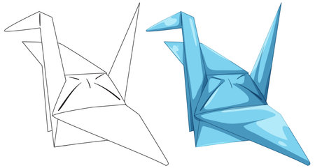Vector illustration of origami crane, showing both black outline and glossy blue colored styleのイラスト素材