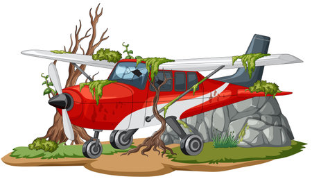 Small red airplane sits abandoned, covered in moss and vines, surrounded by rocks and treesのイラスト素材