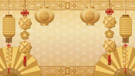 Golden vector illustration with hanging lanterns, folding fans, and intricate patterns for festive celebrationsのイラスト素材