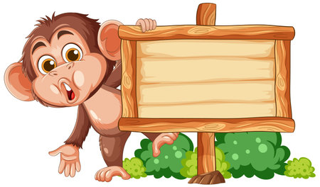 Cute cartoon monkey gestures toward empty wooden sign with green bushes, bright vector styleのイラスト素材