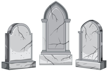 Three cracked marble tombstones in clean vector style with simple shading and white backgroundのイラスト素材