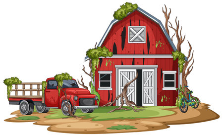 Vector illustration of deserted barn, rusty truck, and bicycle with overgrown vegetation, cartoon styleのイラスト素材