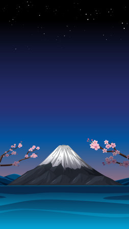 Flat vector illustration of a snowy mountain under a starry night sky with cherry blossomsのイラスト素材