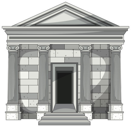 Vector illustration of abandoned classical stone temple facade with columns, central doorway, and shadowsのイラスト素材