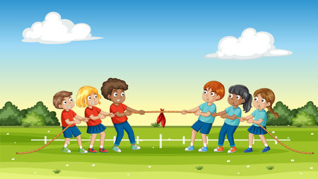 Cartoon illustration of two teams of children pulling a rope on a sunny grass fieldのイラスト素材