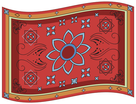 Wavy red carpet with floral and geometric patterns, bold outlines, flat vector style, vibrant colorsのイラスト素材