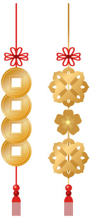 Vector illustration of gold coins and floral ornaments with red tassels on white backgroundのイラスト素材
