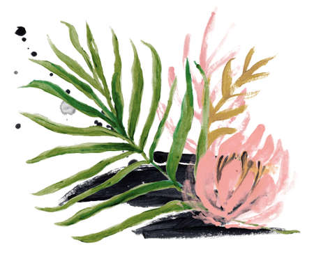 Hand Drawn Watercolor Tropical Clipart, Leaves, Wreath, Brush Stroke, Texture, Ink Dropの写真素材