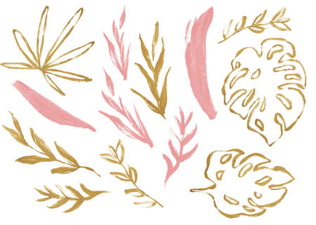 Hand Drawn Watercolor Tropical Clipart, Leaves, Wreath, Brush Stroke, Texture, Ink Dropの写真素材