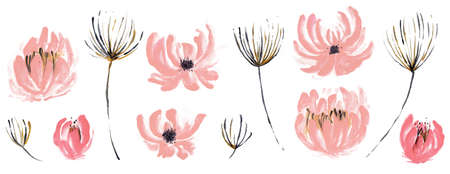 Hand Drawn Watercolor Tropical Clipart, Leaves, Wreath, Brush Stroke, Texture, Ink Dropの写真素材