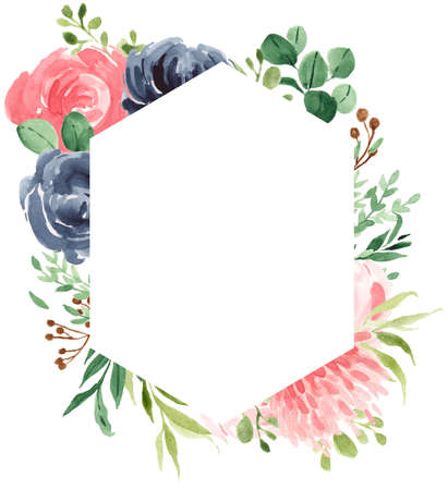 Floral Frame, Geometric Floral, Bohemian Flower Frame, Greenery, Navy Blue, Rose, Eucalyptus, Bloom, Watercolor Flower Borderの写真素材