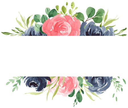 Floral Frame, Geometric Floral, Bohemian Flower Frame, Greenery, Navy Blue, Rose, Eucalyptus, Bloom, Watercolor Flower Borderの写真素材