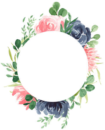 Floral Frame, Geometric Floral, Bohemian Flower Frame, Greenery, Navy Blue, Rose, Eucalyptus, Bloom, Watercolor Flower Borderの写真素材