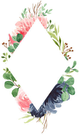 Floral Frame, Geometric Floral, Bohemian Flower Frame, Greenery, Navy Blue, Rose, Eucalyptus, Bloom, Watercolor Flower Borderの写真素材