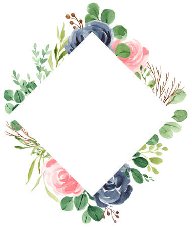 Floral Frame, Geometric Floral, Bohemian Flower Frame, Greenery, Navy Blue, Rose, Eucalyptus, Bloom, Watercolor Flower Borderの写真素材