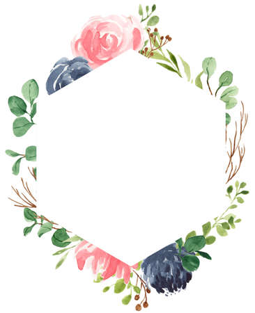 Floral Frame, Geometric Floral, Bohemian Flower Frame, Greenery, Navy Blue, Rose, Eucalyptus, Bloom, Watercolor Flower Borderの写真素材
