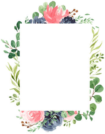 Floral Frame, Geometric Floral, Bohemian Flower Frame, Greenery, Navy Blue, Rose, Eucalyptus, Bloom, Watercolor Flower Borderの写真素材