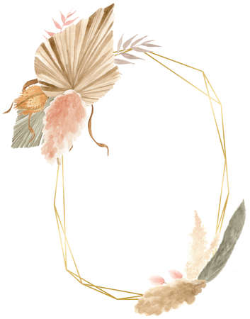 Bohemian Dried Foliage Frame, Dried Flowers, Dried Leaves, Boheme Floral, Wedding Bouquet, Leaves Floral Frame, Bohemian Floral Geometric Frameの写真素材