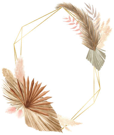 Bohemian Dried Foliage Frame, Dried Flowers, Dried Leaves, Boheme Floral, Wedding Bouquet, Leaves Floral Frame, Bohemian Floral Geometric Frameの写真素材