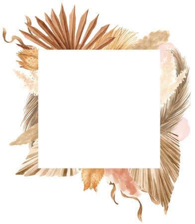 Bohemian Dried Foliage Frame, Dried Flowers, Dried Leaves, Boheme Floral, Wedding Bouquet, Leaves Floral Frame, Bohemian Floral Geometric Frameの写真素材