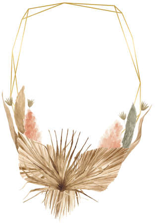 Bohemian Dried Foliage Frame, Dried Flowers, Dried Leaves, Boheme Floral, Wedding Bouquet, Leaves Floral Frame, Bohemian Floral Geometric Frameの写真素材