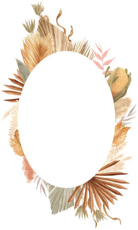 Bohemian Dried Foliage Frame, Dried Flowers, Dried Leaves, Boheme Floral, Wedding Bouquet, Leaves Floral Frame, Bohemian Floral Geometric Frameの写真素材