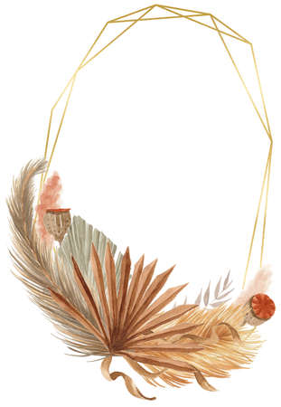 Bohemian Dried Foliage Frame, Dried Flowers, Dried Leaves, Boheme Floral, Wedding Bouquet, Leaves Floral Frame, Bohemian Floral Geometric Frameの写真素材