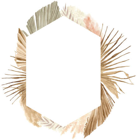 Bohemian Dried Foliage Frame, Dried Flowers, Dried Leaves, Boheme Floral, Wedding Bouquet, Leaves Floral Frame, Bohemian Floral Geometric Frameの写真素材