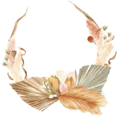 Bohemian Dried Foliage Wreath, Dried Flowers, Dried Leaves, Boheme Floral, Wedding Wreath, Leaves Floral Wreath, Bohemian Floral Wreathの写真素材