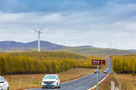 The scenery of the grassland sky road in Saihanba, Chengde, Hebeiの写真素材