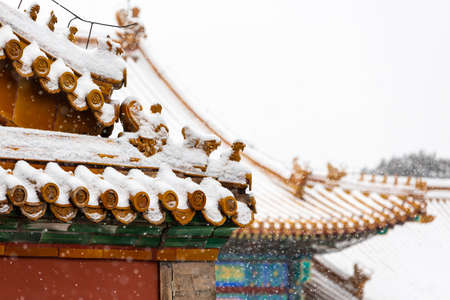 The eaves of the main hall of the Forbidden City in the snow
