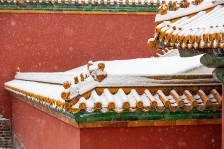 The eaves of the Forbidden City in the snowのeditorial素材
